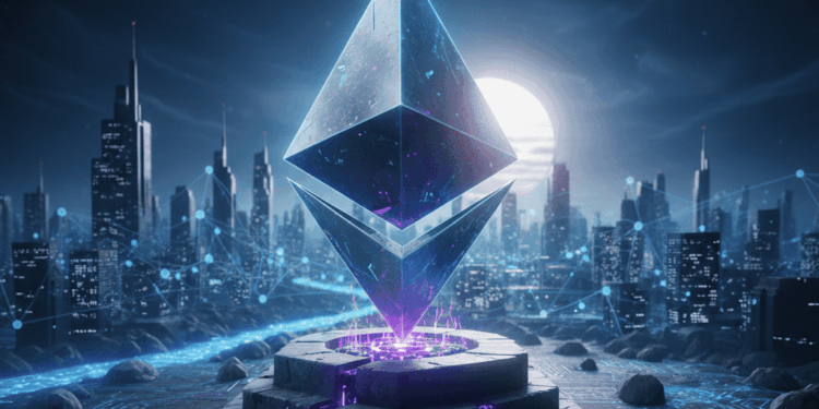 El logo de la red Ethereum, con una ciudad tecnologica de fondo.