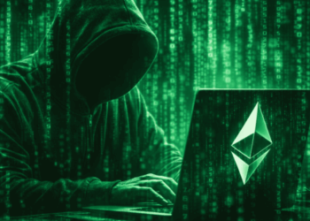 un hacker frente a una laptop que tiene el logo de Ethereum. Todo en tono verde