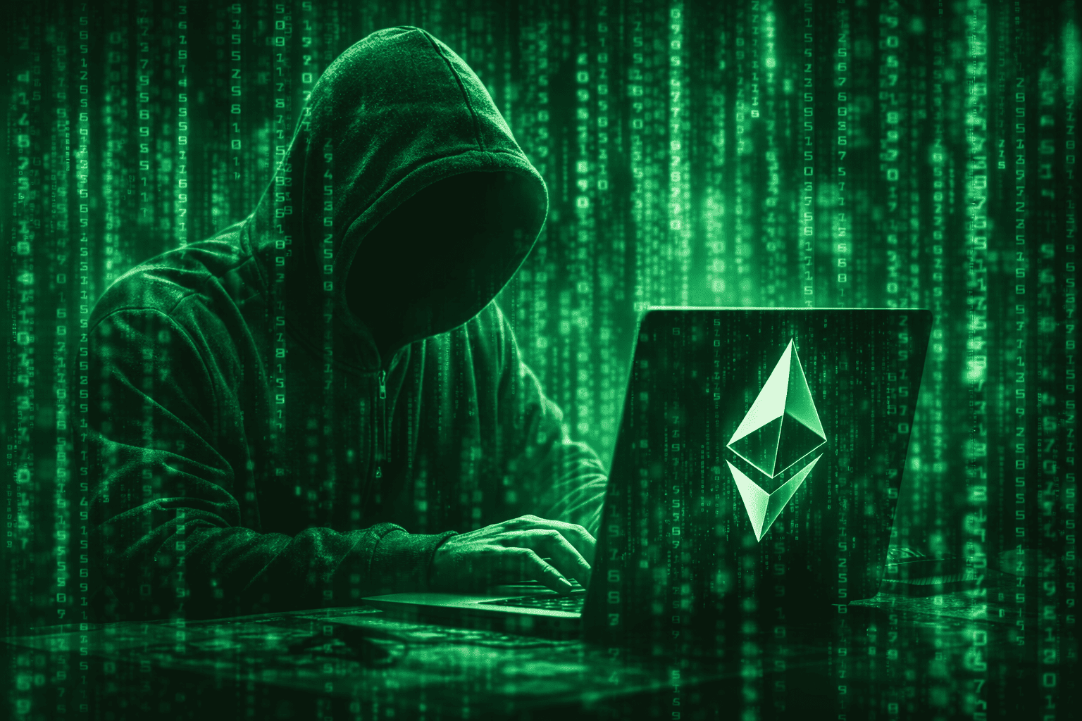 un hacker frente a una laptop que tiene el logo de Ethereum. Todo en tono verde