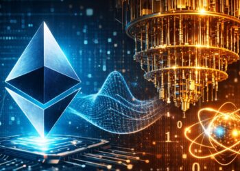 Una computadora cuántica atacando al logo de la red Ethereum.