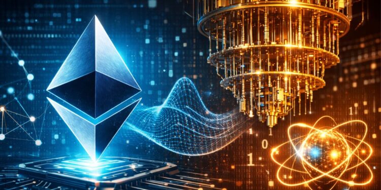 Una computadora cuántica atacando al logo de la red Ethereum.