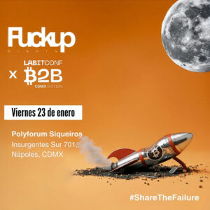 Imagen promocional de LABITCONF, Ciudad de Mexico, con fondo naranja y una luna flotando