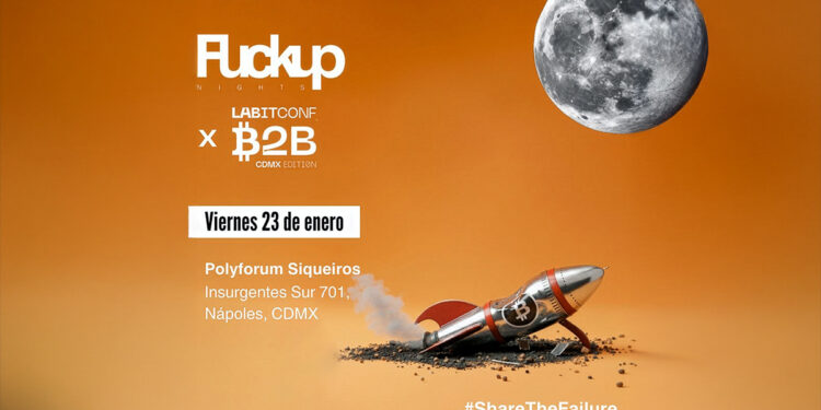 Imagen promocional de LABITCONF, Ciudad de Mexico, con fondo naranja y una luna flotando