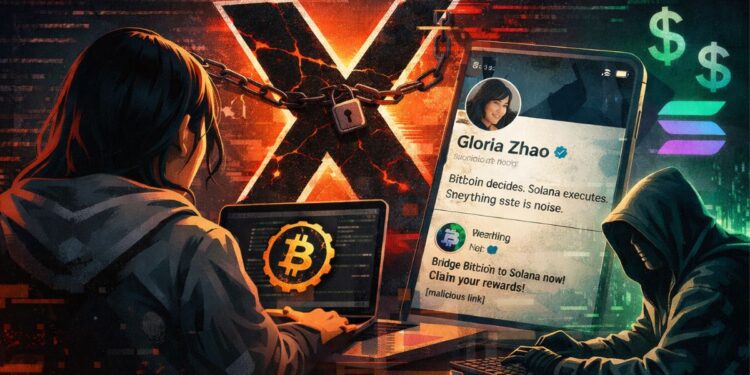 Imagen de una mujer usando una computadora, con un hacker tratando de acceder a su cuenta de X.