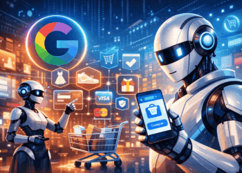 Un robot de IA usando un dispositivo movil para efectuar un pago online.