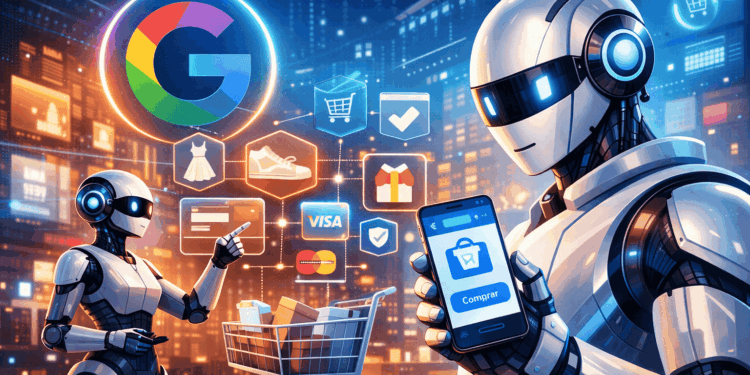 Un robot de IA usando un dispositivo movil para efectuar un pago online.