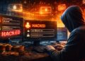Un hacker de criptomonedas operando con dos computadoras.