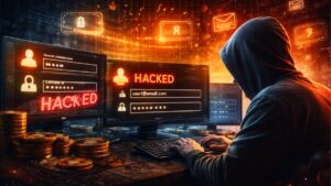 Un hacker de criptomonedas operando con dos computadoras.