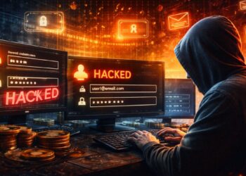 Un hacker de criptomonedas operando con dos computadoras.