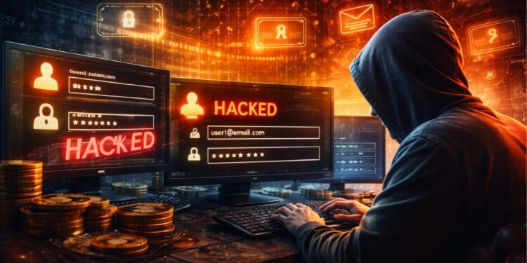 Un hacker de criptomonedas operando con dos computadoras.