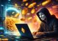 Un hacker operando en una computadora para robar fondos en criptomonedas.