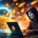 Un hacker operando en una computadora para robar fondos en criptomonedas.