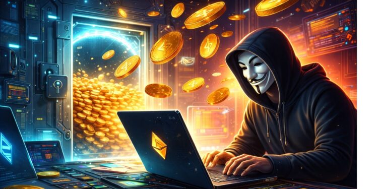 Un hacker operando en una computadora para robar fondos en criptomonedas.