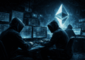 Hackers operando en una cueva escondida con computadoras atacando redes de Ethereum.