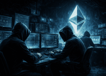 Hackers operando en una cueva escondida con computadoras atacando redes de Ethereum.