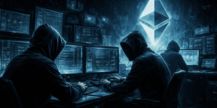Hackers operando en una cueva escondida con computadoras atacando redes de Ethereum.