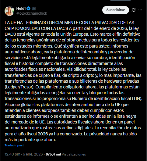 Un tuit de Heidi, miembro de la comunidad de las criptomonedas, sobnre el impacto de la entrada en vigor de la normativa DAC8.