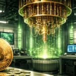 Un laboratorio con una computadora cuántica junto a una moneda de Bitcoin.