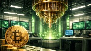 Un laboratorio con una computadora cuántica junto a una moneda de Bitcoin.