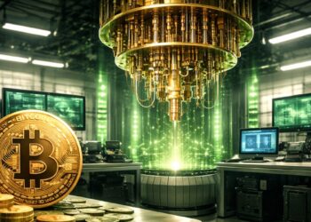 Un laboratorio con una computadora cuántica junto a una moneda de Bitcoin.