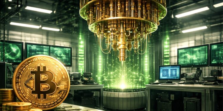 Un laboratorio con una computadora cuántica junto a una moneda de Bitcoin.
