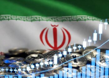 Bandera de Irán sobre monedas de USDT y un gráfico de velas japonesas