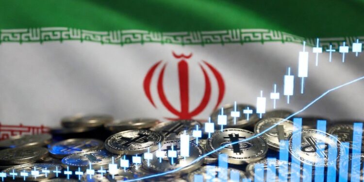 Bandera de Irán sobre monedas de USDT y un gráfico de velas japonesas