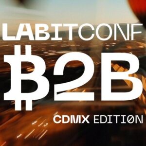 Gráfico de texto para LABITCONF B2B CDMX Edition, con letras blancas en negrita y un fondo urbano difuminado con un globo aerostático que lleva el símbolo de Bitcoin.