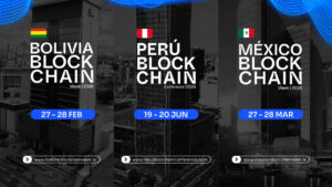 Banner con los 3 eventos Bolivia Blockchain Week, Perú Blockchain Conference y México Blockchain Week, con sus fechas