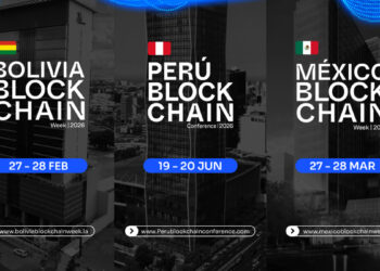 Banner con los 3 eventos Bolivia Blockchain Week, Perú Blockchain Conference y México Blockchain Week, con sus fechas