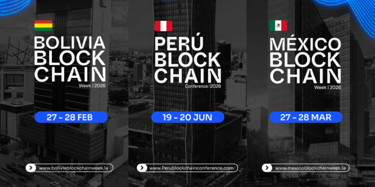 Banner con los 3 eventos Bolivia Blockchain Week, Perú Blockchain Conference y México Blockchain Week, con sus fechas