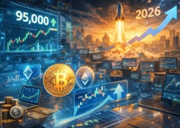 Moneda de Bitcoin dorada flotando sobre pantallas de computadoras con graficos de precio en un ambiente tecnologico futurista.