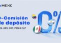 Logo de MEXC con 0% de comisión destacado en azul y banderas redondeadas de Colombia, Argentina y México sobre fondo azul claro.