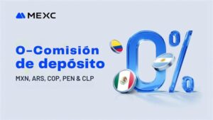 Logo de MEXC con 0% de comisión destacado en azul y banderas redondeadas de Colombia, Argentina y México sobre fondo azul claro.