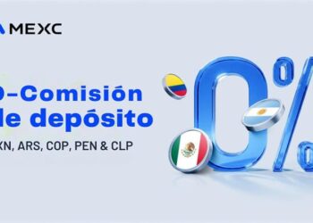Logo de MEXC con 0% de comisión destacado en azul y banderas redondeadas de Colombia, Argentina y México sobre fondo azul claro.