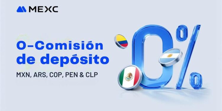Logo de MEXC con 0% de comisión destacado en azul y banderas redondeadas de Colombia, Argentina y México sobre fondo azul claro.