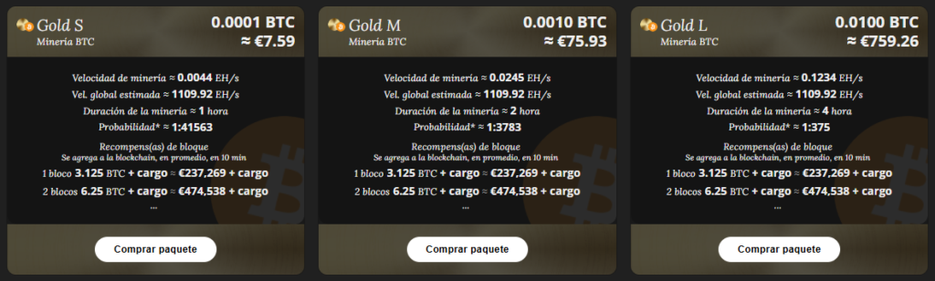 Imagen que muestra los costos para minar bitcoin en Nicehash.