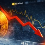 Una moneda de Bitcoin junto a un gráfico con una línea roja descendente.