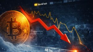 Una moneda de Bitcoin junto a un gráfico con una línea roja descendente.