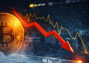 Una moneda de Bitcoin junto a un gráfico con una línea roja descendente.