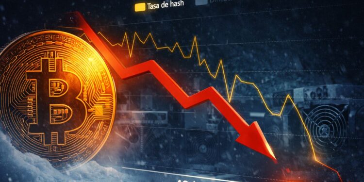 Una moneda de Bitcoin junto a un gráfico con una línea roja descendente.