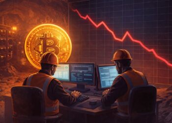 Mineros de Bitcoin trabajando en una cueva con computadoras.
