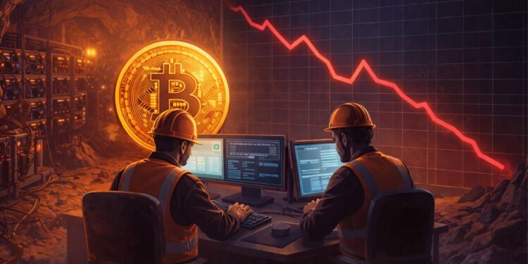 Mineros de Bitcoin trabajando en una cueva con computadoras.