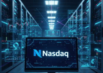 Una computadora con la palabra Nasdaq en su pantalla, en un centro de computación.