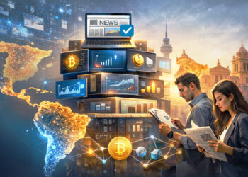 Personas consumiendo noticias en Latam, con muchas pantallas mostrando criptomonedas y gráficos de valores