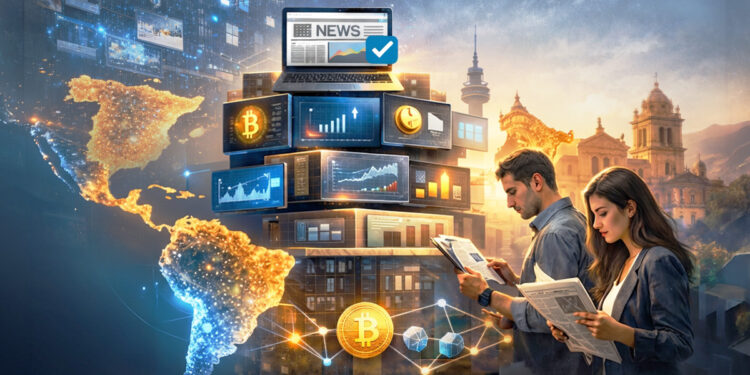 Personas consumiendo noticias en Latam, con muchas pantallas mostrando criptomonedas y gráficos de valores