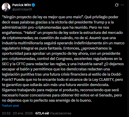 Un tuit de Patrick Witt quien es del equipo asesor sobre polรญtica de criptomonedas de Trump.
