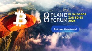 Banner del Plan ₿ Forum El Salvador 2026 con volcán en erupción, logo de Bitcoin gigante y llamada a comprar boletos en planb.sv.