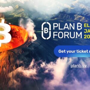 Banner del Plan ₿ Forum El Salvador 2026 con volcán en erupción, logo de Bitcoin gigante y llamada a comprar boletos en planb.sv.
