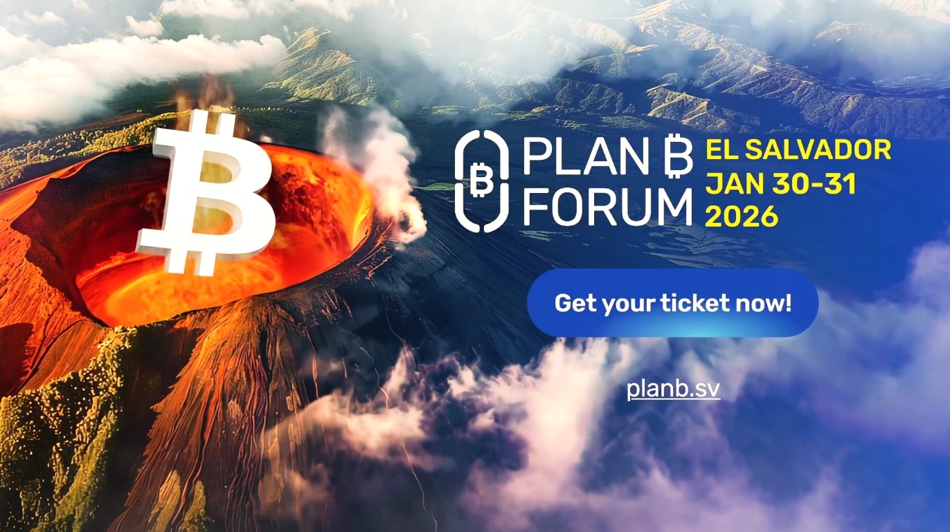 Banner del Plan ₿ Forum El Salvador 2026 con volcán en erupción, logo de Bitcoin gigante y llamada a comprar boletos en planb.sv.